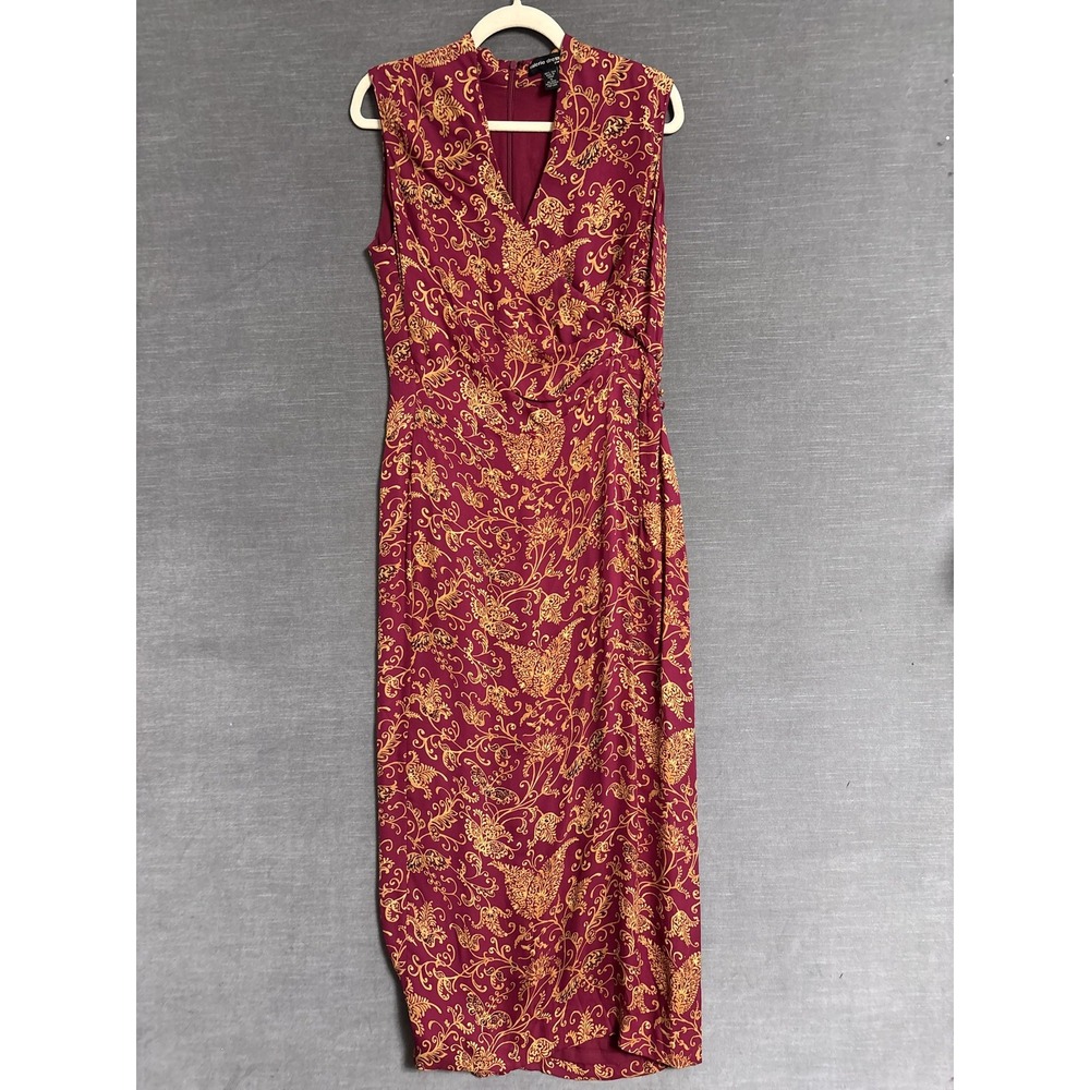 V-wNeck Vintage Burgundy Silk Midi Valerie Dress with Gold Floral Print
